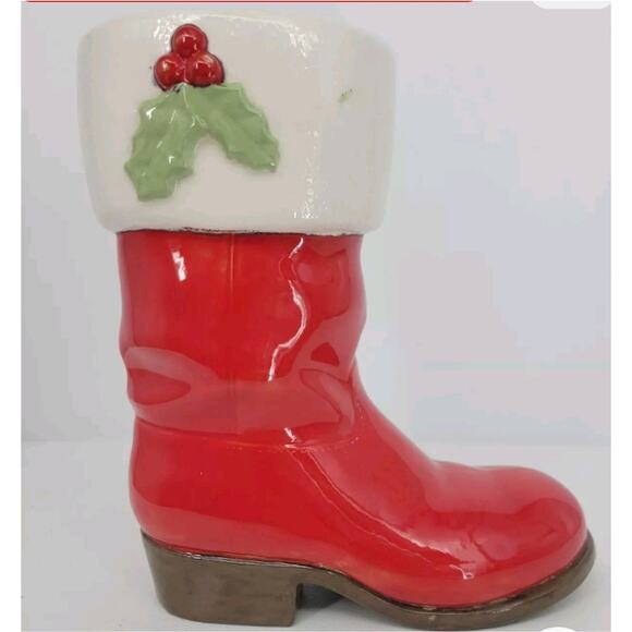 Vintage Santa's Boot Christmas Vase Planter 9" Red Hand Painted Ceramic Mold - Picture 1 of 6